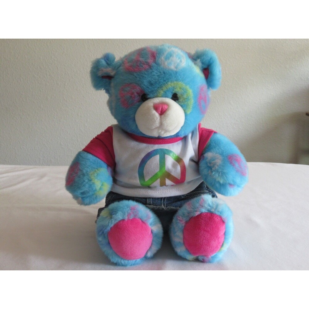 Build-A-Bear Blue Peace Sign 15" Bear Plush 2010 T-shirt Denim Skirt w/ Bling